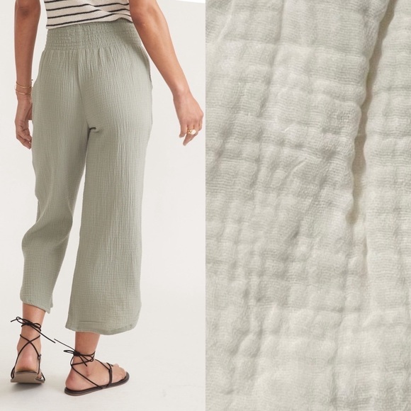 NWT MARINE LAYER Ivory Crinkle Cotton‎ Smocked High Rise Wide Leg Cropped Pant S - Picture 5 of 7
